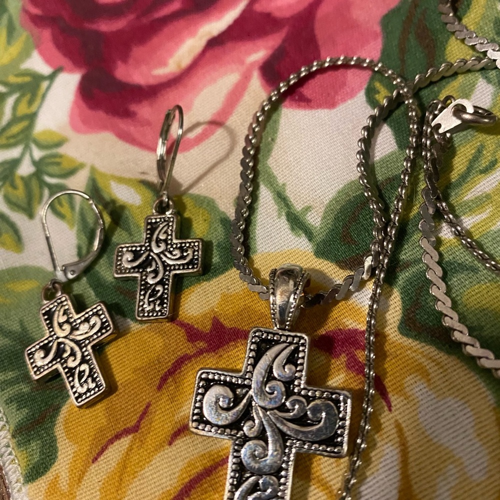 Silver Cross Necklace and Earring Set